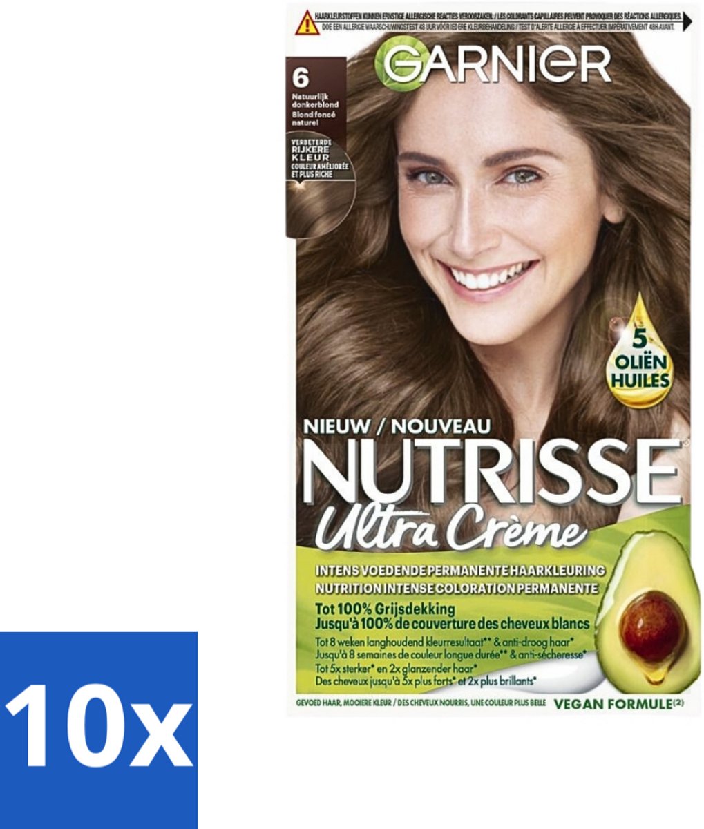 10 x Garnier - Nutrisse Ultra Crème 6 - Haarkleuring - Natuurlijk Donkerblond - Intens Voedend - Permanente Kleur - Haarkleur - Haarverf - Permanent Kleur - Grijsdekking - Voedend Haarverf