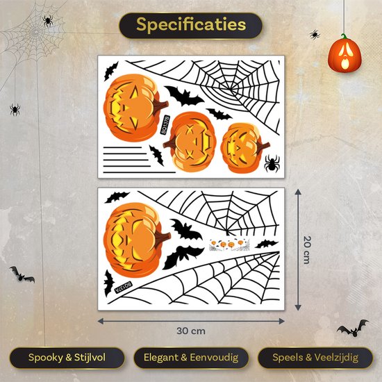 Twee vellen met Halloween raamstickers: pompoenen, spinnenwebben en vleermuizen.