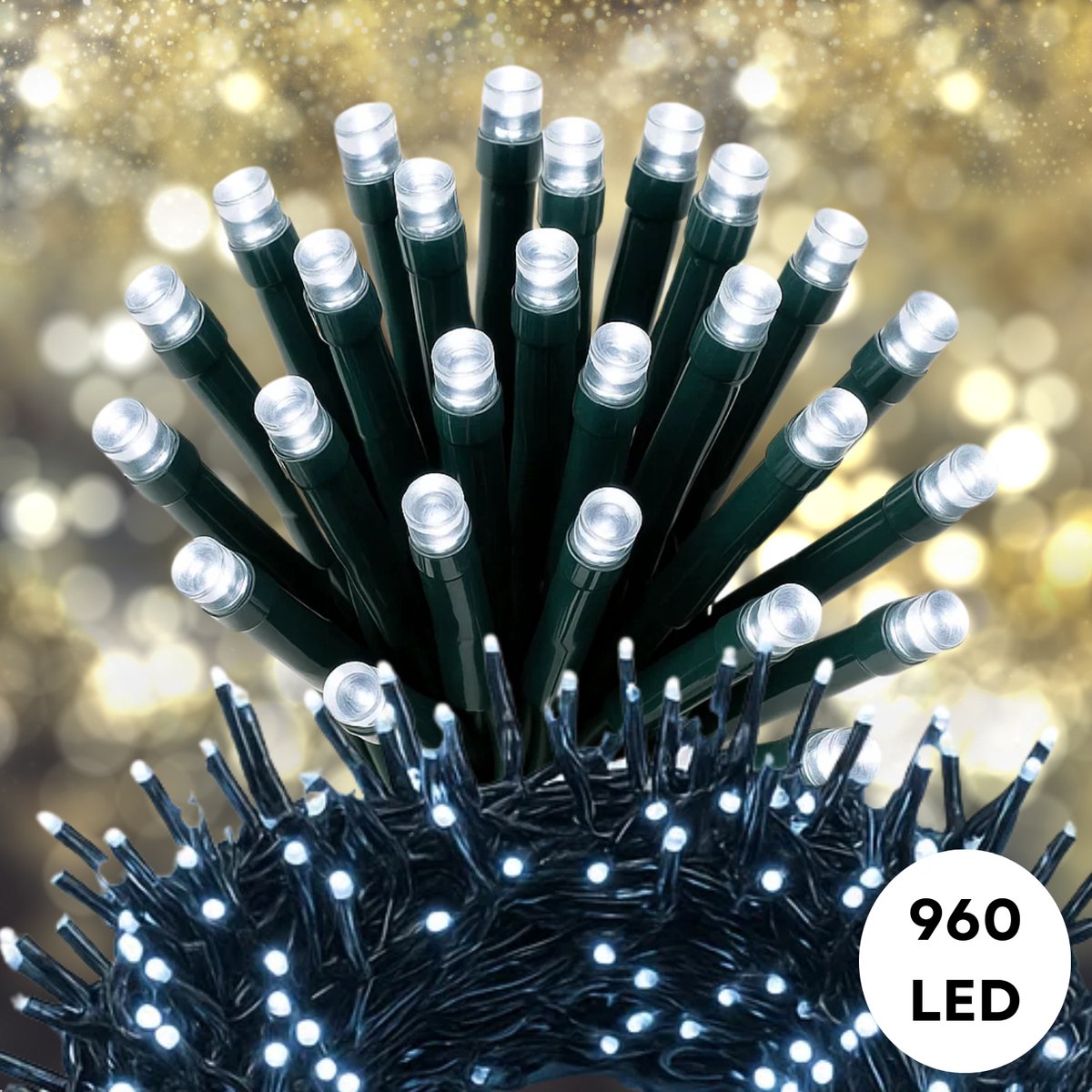 Cheqo Kerstverlichting - Kerstlampjes - Kerstboomverlichting Wit - 960 LED Lampjes - Koel Wit Licht - Kerstverlichting Binnen en Buiten - IP44 Adapter - Met Controller - Automatische Timer - Geheugenfunctie - Zwart Snoer - 8 Lichtstanden