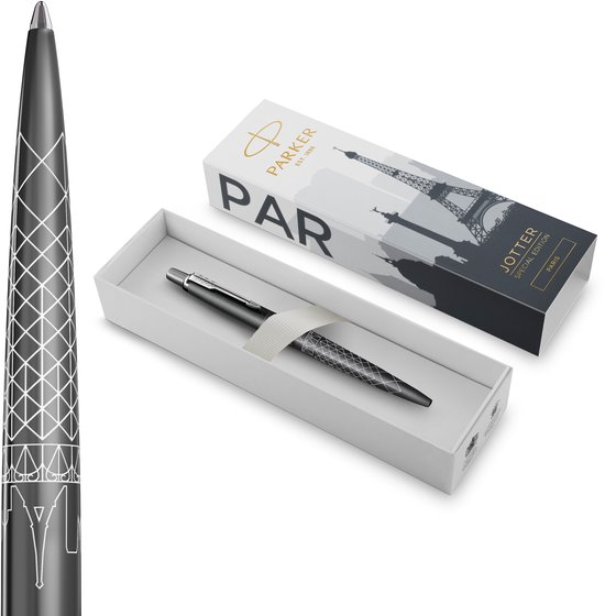 Parker Jotter balpen | Special Edition | Paris Grey met verchroomd detail | Medium penpunt | Blauwe inkt | Geschenkverpakking