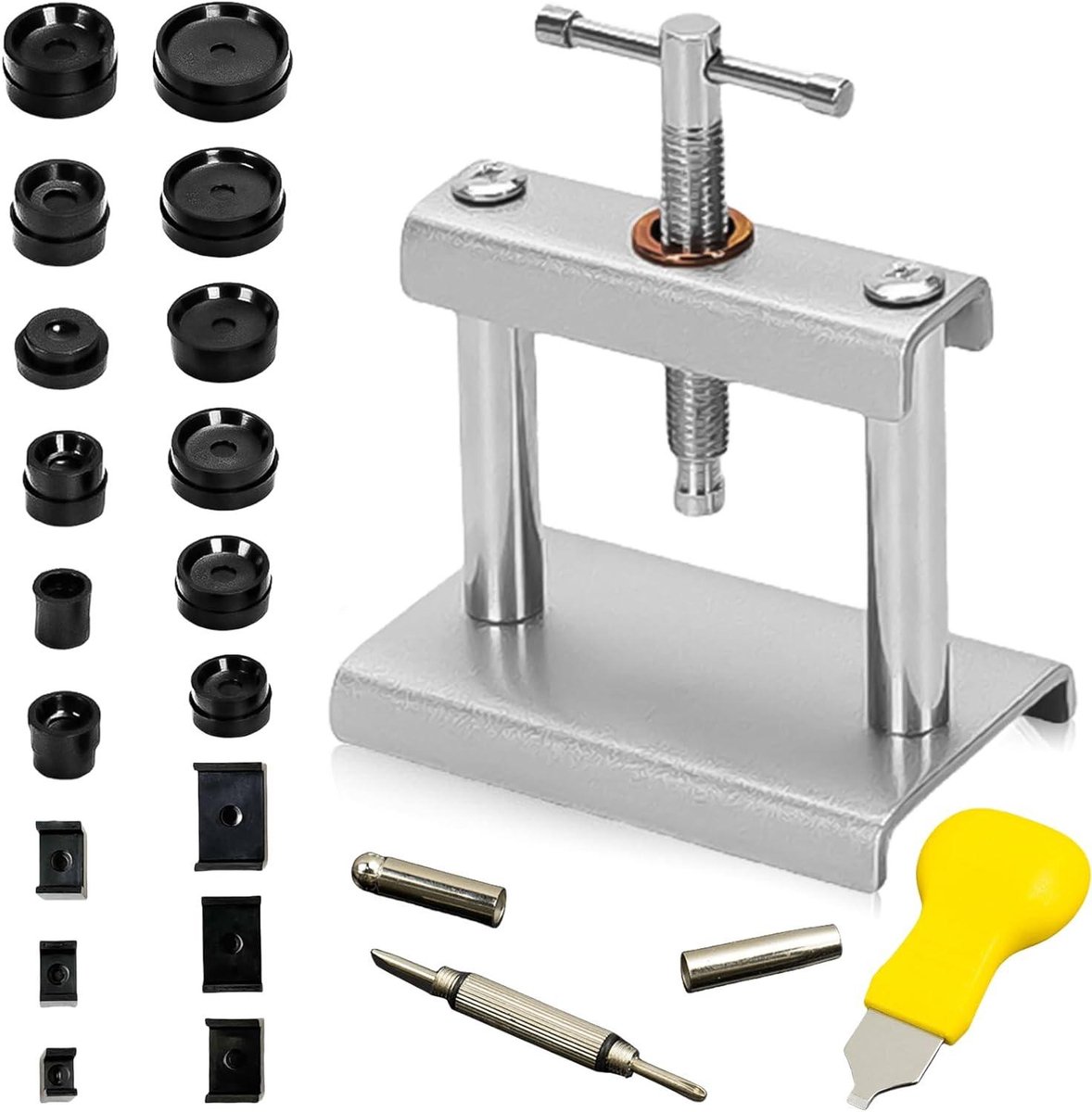 Horlogepers set: 21-delig reparatiegereedschap voor horloges Deze set bevat een inpersgereedschap, behuizingssluiter, drukplaten en meer. Essentieel voor horlogereparaties.
