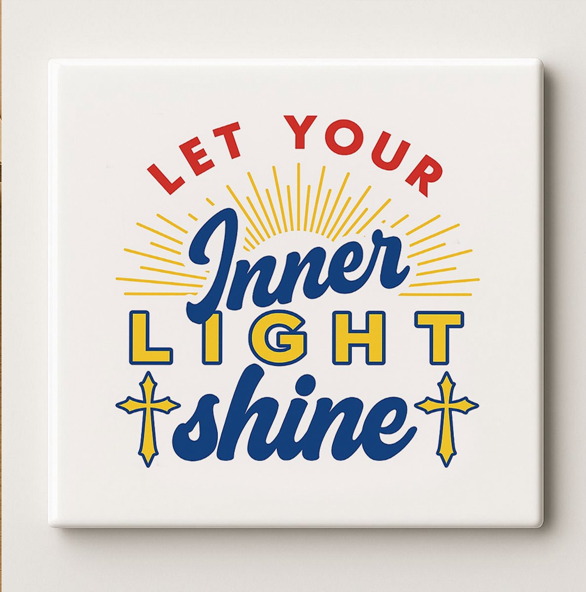 Nevolis Let Your Inner Light Shine Tegel 15x15cm – Inspirerende Citaat Keramische Wandtegel met Kruis Ontwerp, Perfect Cadeau voor Geloof en Positiviteit Liefhebbers Multi Color
