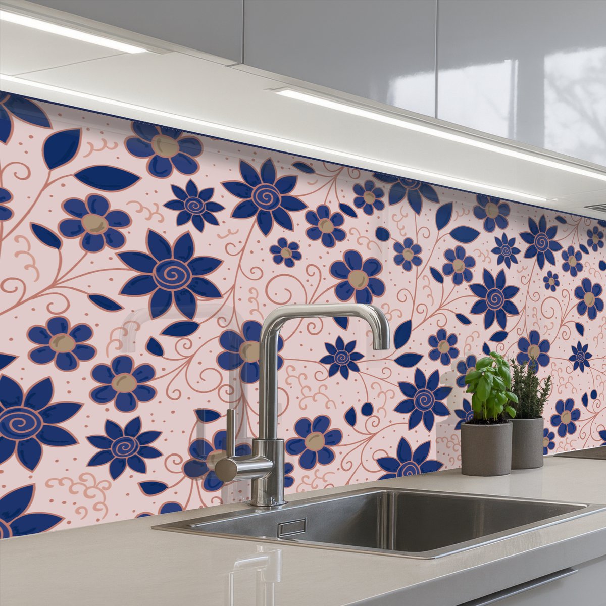 Keuken achterwand 150x80 cm - Spatscherm zelfklevend Bloemen - Blauw - Japan - Patronen - Muurbeschermer - Spatwand fornuis