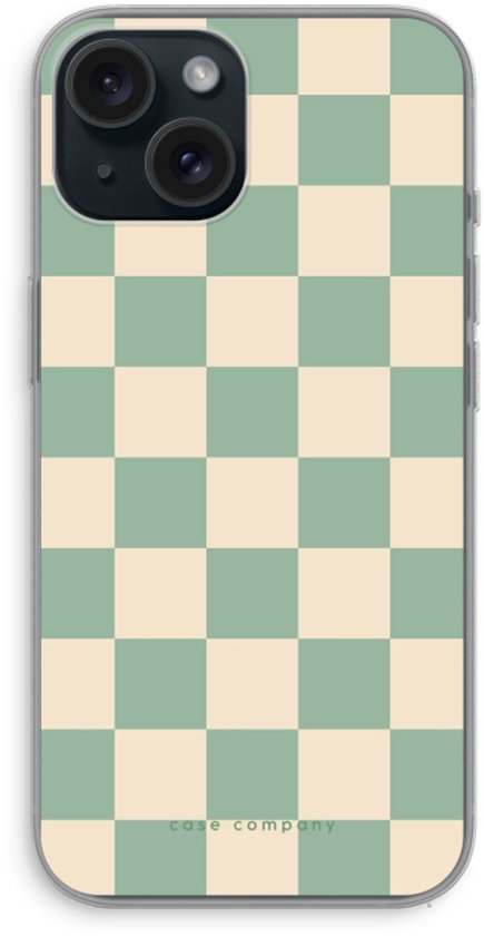 Telefoonhoesje met ruitpatroon in mintgroen en beige, met logo 'case company'.