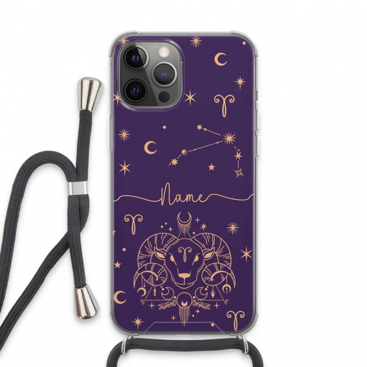 Gepersonaliseerd - Case Company® - Hoesje met koord geschikt voor iPhone 13 Pro Max hoesje met Koord - Sterrenbeeld N°2 - Telefoonhoesje met Zwart Koord - Bescherming aan alle Kanten en Over de Schermrand