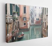 Venice canal scene depicting a small boat in a quiet residential part of Venice in winter on a cool misty day with no people or tourists  - Modern Art Canvas - Horizontal - 1506042