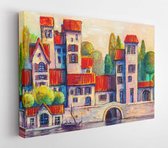 Onlinecanvas - Schilderij - Colorful Town Near The Sea. Oil Painting Cityscape. Art Horizontal Horizontal - Multicolor - 60 X 80 Cm