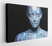 Abstract art makeup. Face, neck and hair girls smeared with bright colors of blue, blue and silver colors. The paint flows. On the face of silver tears. Holi festival  - Modern Art Canvas  - Horizontal - 474358711 - 50*40 Horizontal