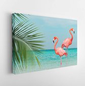 Vintage and retro collage photo of flamingos standing in clear blue sea with sunny sky with cloud and green coconut tree leaves in foreground. - Modern Art Canvas - Horizontal - 12