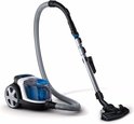 Aspirateur Philips noir avec accents bleus, tuyau gris et tube argenté.