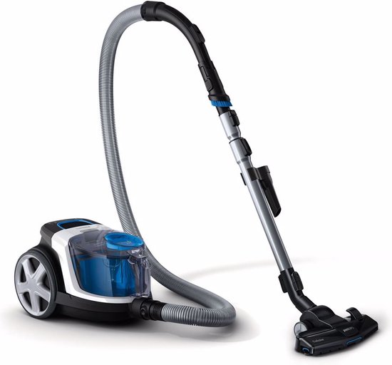 Aspirateur Philips noir avec accents bleus, tuyau gris et tube argenté.