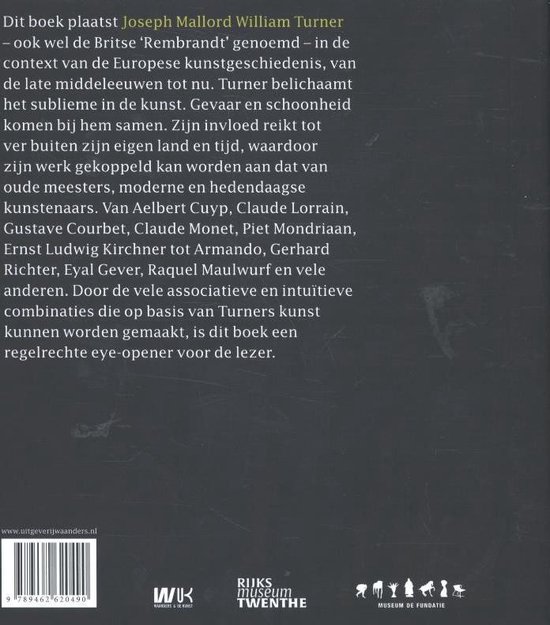 Achterkant van een boek met tekst over J.M.W. Turner en het sublieme, met een streepjescode en logo's.