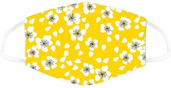 Mondkapje geel met witte bloemen
