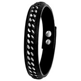 Lucardi Heren Armband zwart leer gourmet - Leer - Armband - Cadeau - 25 cm - Zilverkleurig