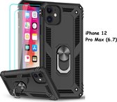 BixB iPhone 12 Pro Max Hoesje ring houder armor Hard backcover Zwart + 2 Stuks screenprotector