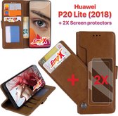 EmpX.nl Huawei P20 Lite Khaki Boekhoesje en 2x Screen Protector | Portemonnee Book Case | Met Multi Stand Functie | Kaarthouder Card Case | Beschermhoes Sleeve | Met Pasjeshouder &