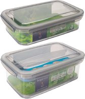 2x Voorraad/vershoudbakjes 1,2 en 1,9 liter transparant/grijs plastic 24 x 15 cm - Tudela - Voedsel bewaarbakjes - Diepvriesbakjes