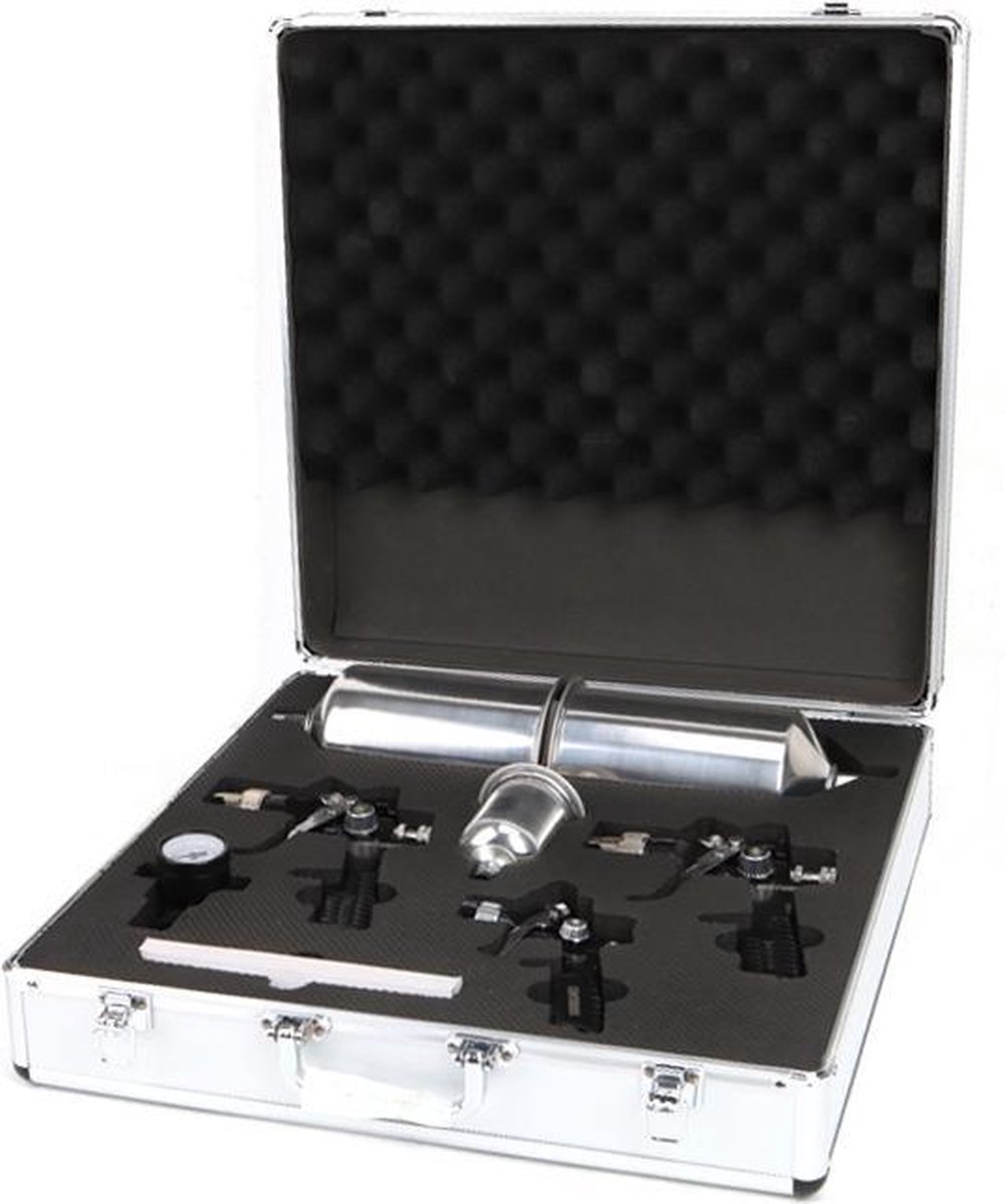 Verfspuitenset 8-delig – 3 Aluminium Bekers (200 ml & 2× 1000 ml) | Nozzles 0,8 / 1,4 / 1,7 mm – Instelbare Drukregelaar (0–160 psi) – Universele Sproeikop (rond / vlak / breed) – Aluminium Koffer met EVA-foam & Filter