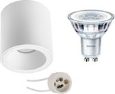 Opbouwspot Set - Pragmi Cliron Pro - GU10 Fitting - Opbouw Rond - Mat Wit - Verdiept - Ø90mm - Philips - CorePro 827 36D - 3.5W - Warm Wit 2700K - BSE