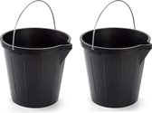 2x stuks zwarte schoonmaakemmer/huishoudemmer 12 liter 31 x 31 cm -Kunststof/plastic emmer met metalen hengsel