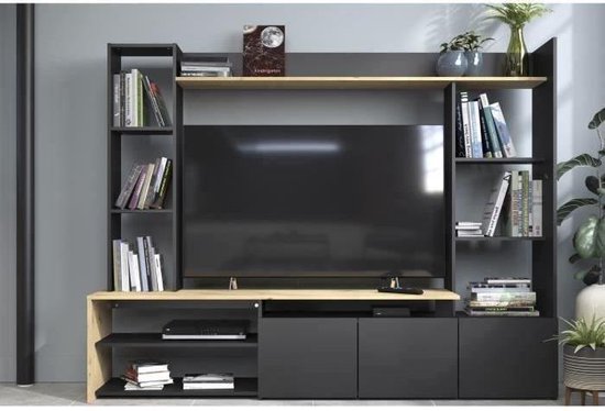 OREGON Tv-meubel met 3 lage deuren - Eiken en zwart decor - L 196,6 x D  39,5 x H 153,3 cm | bol