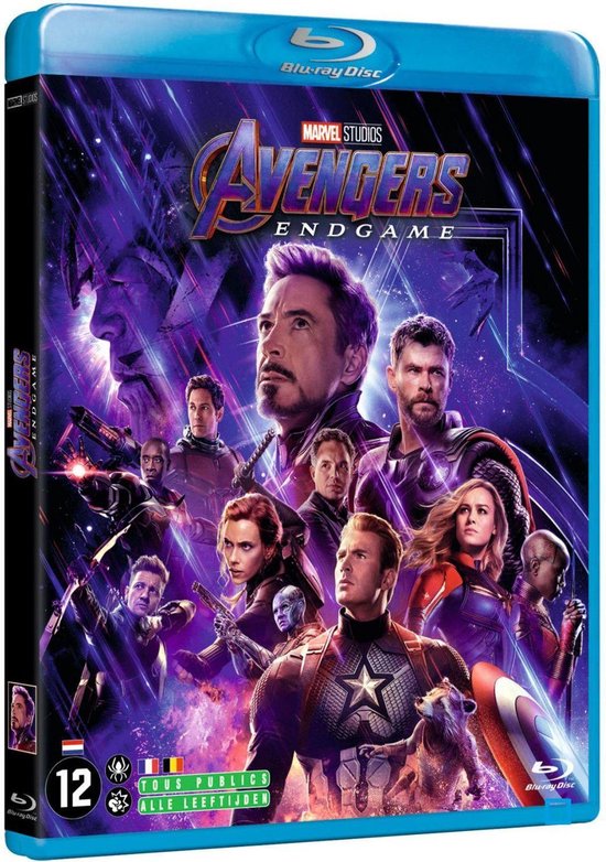 Blu-ray hoes van Avengers: Endgame met de Avengers: Iron Man, Captain America, Thor, Black Widow, Captain Marvel, Hulk, Hawkeye, Ant-Man, Rocket en Thanos.