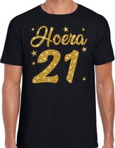 Hoera 21 jaar verjaardag cadeau t-shirt - goud glitter op zwart - heren - cadeau shirt 2XL