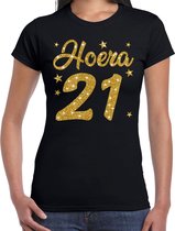 Hoera 21 jaar verjaardag cadeau t-shirt - goud glitter op zwart - dames - cadeau shirt L