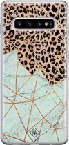 Samsung S10 Plus hoesje siliconen - Luipaard marmer mint | Samsung Galaxy S10 Plus case | Bruin | TPU backcover transparant