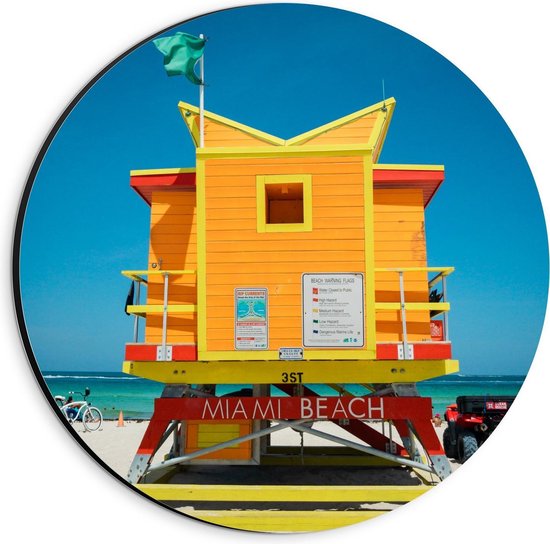 Dibond Wandcirkel - Oranje Strandhuisje op Miami Beach - 20x20cm Foto op Aluminium Wandcirkel (met ophangsysteem)