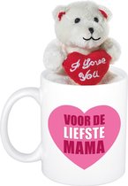 Moeder cadeau hartje voor de liefste mama beker / mok 300 ml met beige knuffelbeertje met love hartje - Moederdag cadeautje