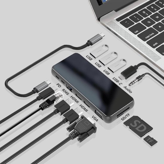 All-in-one USB-C Multiscreen adapter 2 x HDMI 4K + VGA Adapter + USB 3. ...