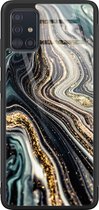 Samsung A71 hoesje glas - Marmer swirl - Hard Case - Zwart - Backcover - Marmer - Blauw