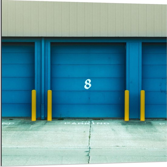 Dibond - Garage Deuren Blauw met Cijfers - 80x80cm Foto op Aluminium (Met Ophangsysteem)