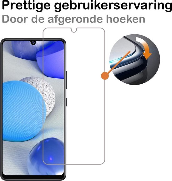 Schermprotector met afgeronde hoeken, past op een telefoon met een V-notch.