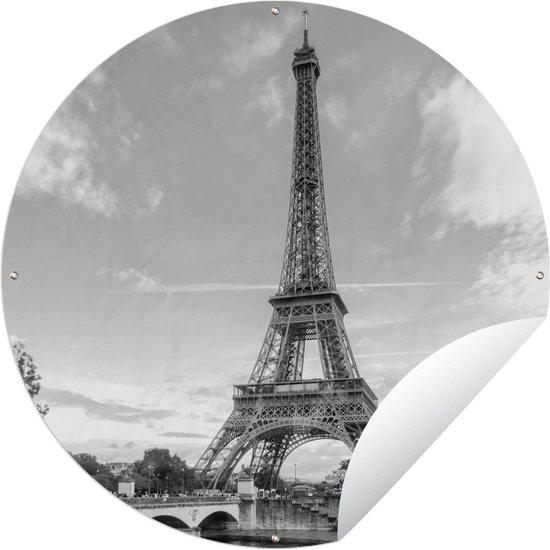 Tuincirkel Eiffeltoren vanaf de Seine - zwart wit - 120x120 cm - Ronde Tuinposter - Buiten XXL / Groot formaat!