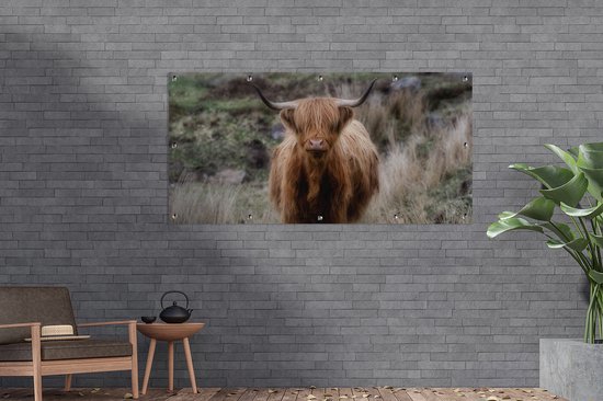 Décoration murale d'extérieur Scottish Highlander - Mousse - Herbe - 160x80 cm - Toile de jardin - Poster extérieur