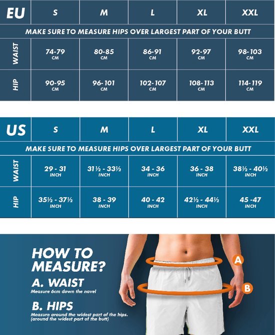 Maattabel voor zwembroeken in EU en US maten, met instructies voor het meten van taille en heupen.