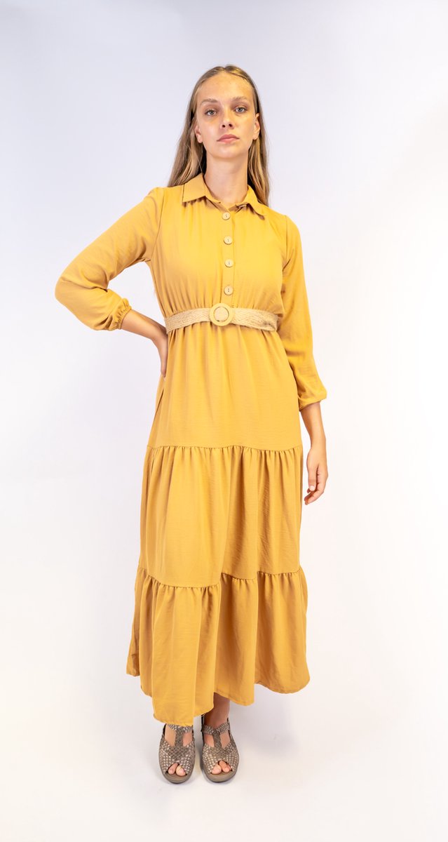 Mosterd geel lange jurk L Laat je stralen in een mosterdgele lange jurk: De perfecte keuze voor dit seizoen