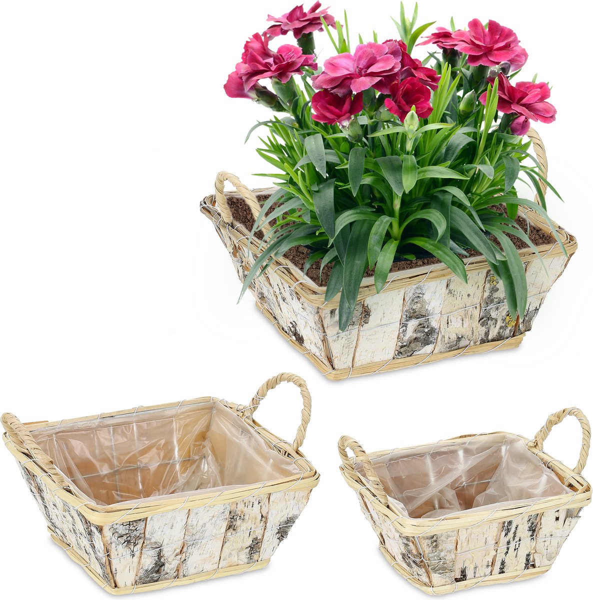 bloempot - set van 3 - berkenhout - folie - rechthoekig - binnen - buiten - wit-natuur