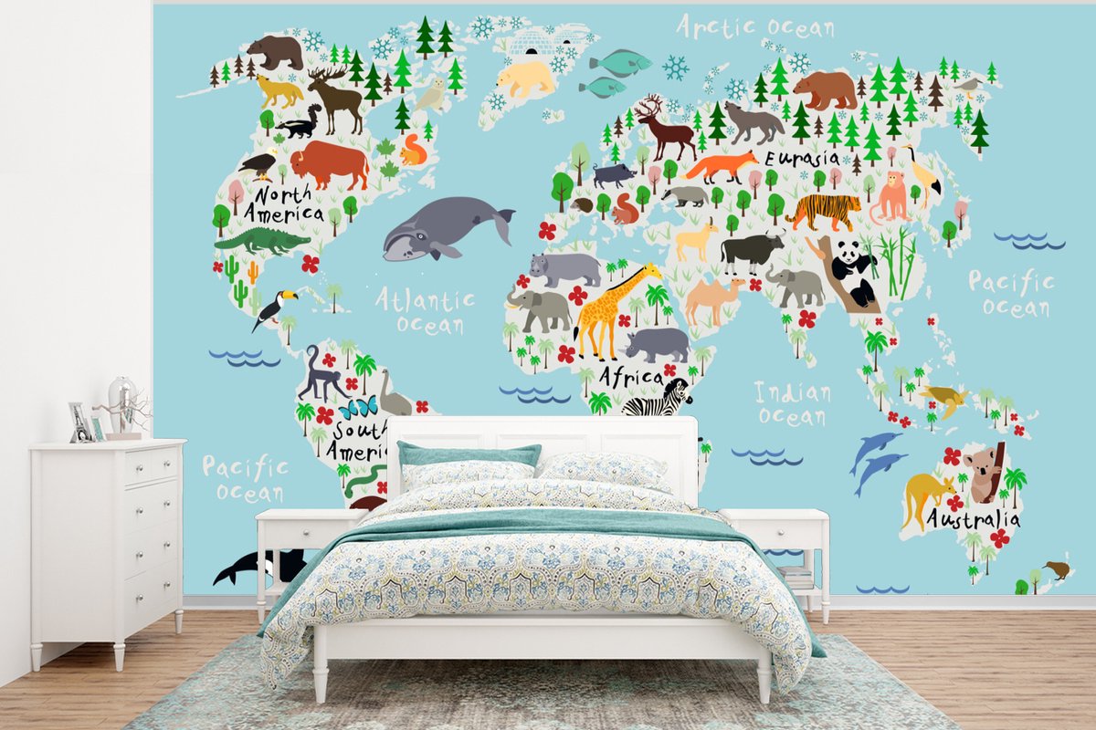 Behang - Fotobehang Wereld - Kaart - Kinderen - Dieren - Blauw - Jongens - Breedte 295 cm x hoogte 220 cm