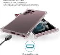 Samsung Galaxy S23 Ultra avec coque transparente et câble USB-C connecté. Découpes précises.