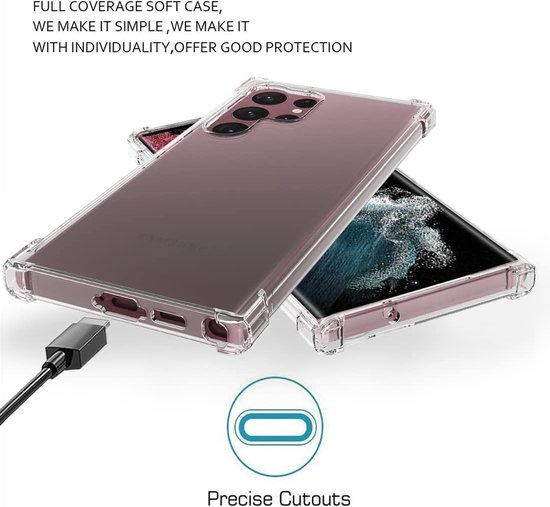 Samsung Galaxy S23 Ultra avec coque transparente et câble USB-C connecté. Découpes précises.