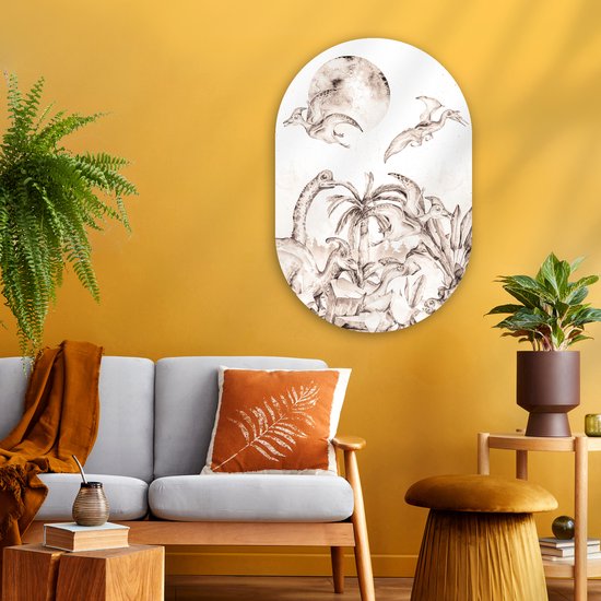 Ovale Mural - Ovale Mural - Décoration murale Plastique - Peinture Ovale - Dino - Enfants - Jungle - Plantes - Kids - 60x90 cm - Forme miroir ovale sur plastique