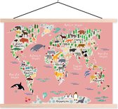 Posterhanger incl. Poster - Schoolplaat - Wereldkaart - Kinderen - Roze - Dieren - 60x45 cm - Blanke latten