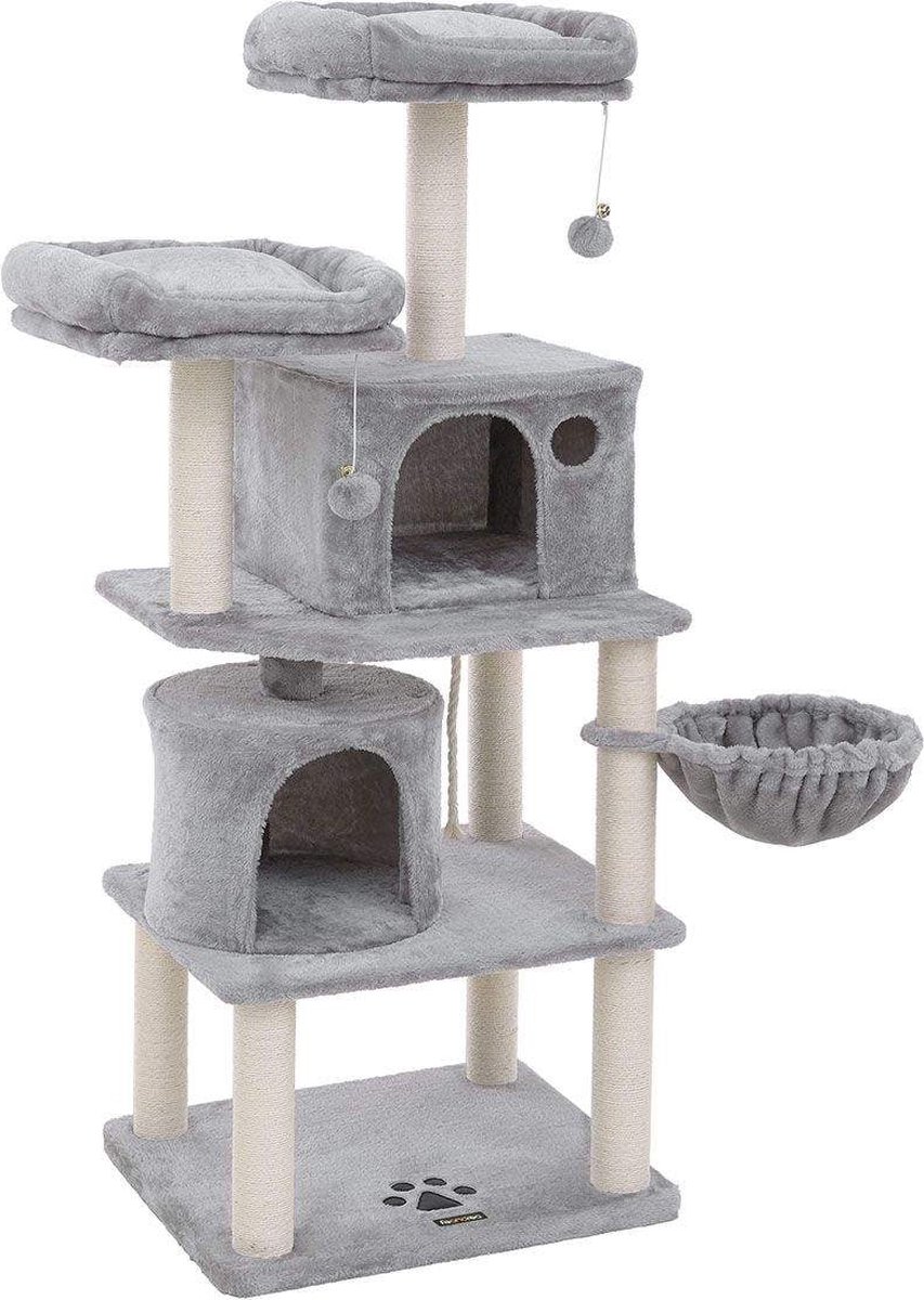 Krabpaal - Kattenslaapplek - 152 cm - Met ligweide - Met platform - 2 Grotten - Licht grijs