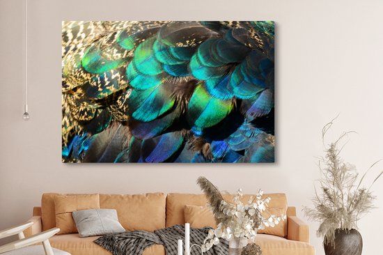 Peinture sur Toile Ressorts - Plumes de Paon - Paon - Blauw - Art - 180x120 cm - Décoration murale XXL