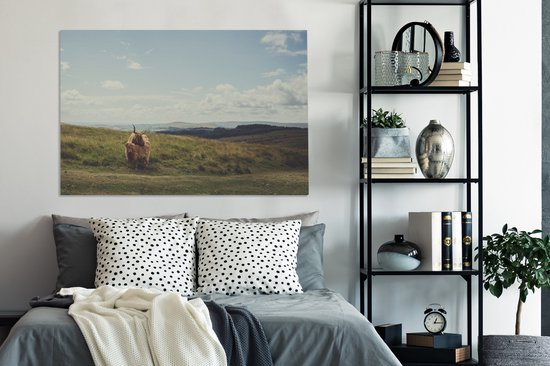 Peinture sur toile Highlanders écossais - Herbe - Nuages ​​- Animaux - 140x90 cm - Décoration murale