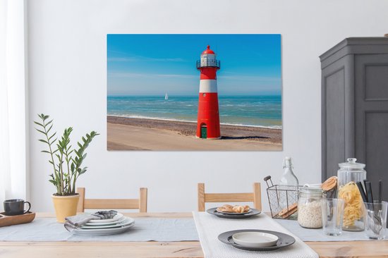 Canvas schilderij 140x90 cm - Wanddecoratie Rood met witte vuurtoren op het strand van Westkapelle in Zeeland, Nederland - Muurdecoratie woonkamer - Slaapkamer decoratie - Kamer accessoires - Schilderijen