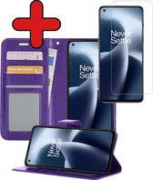 Hoesje Geschikt voor OnePlus Nord 2T Hoesje Book Case Hoes Portemonnee Cover Walletcase Met Screenprotector - Hoes Geschikt voor OnePlus Nord 2T Hoes Bookcase Hoesje - Paars.
